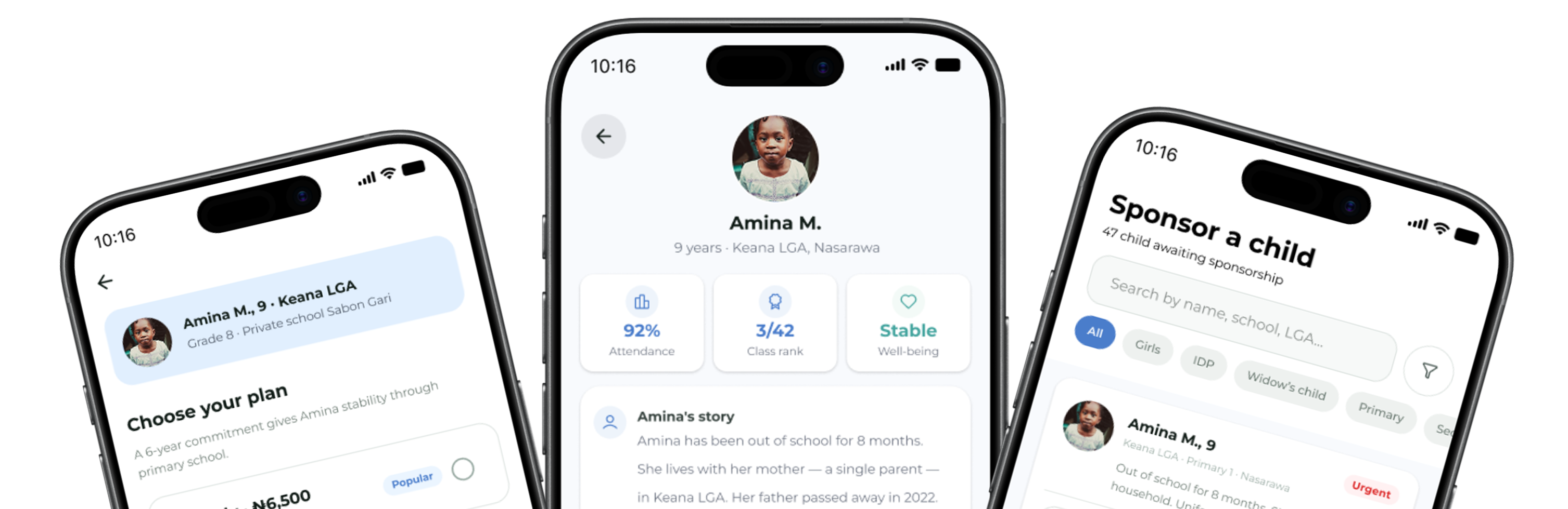 Child Purse app showing child profiles and a sponsorship search screen