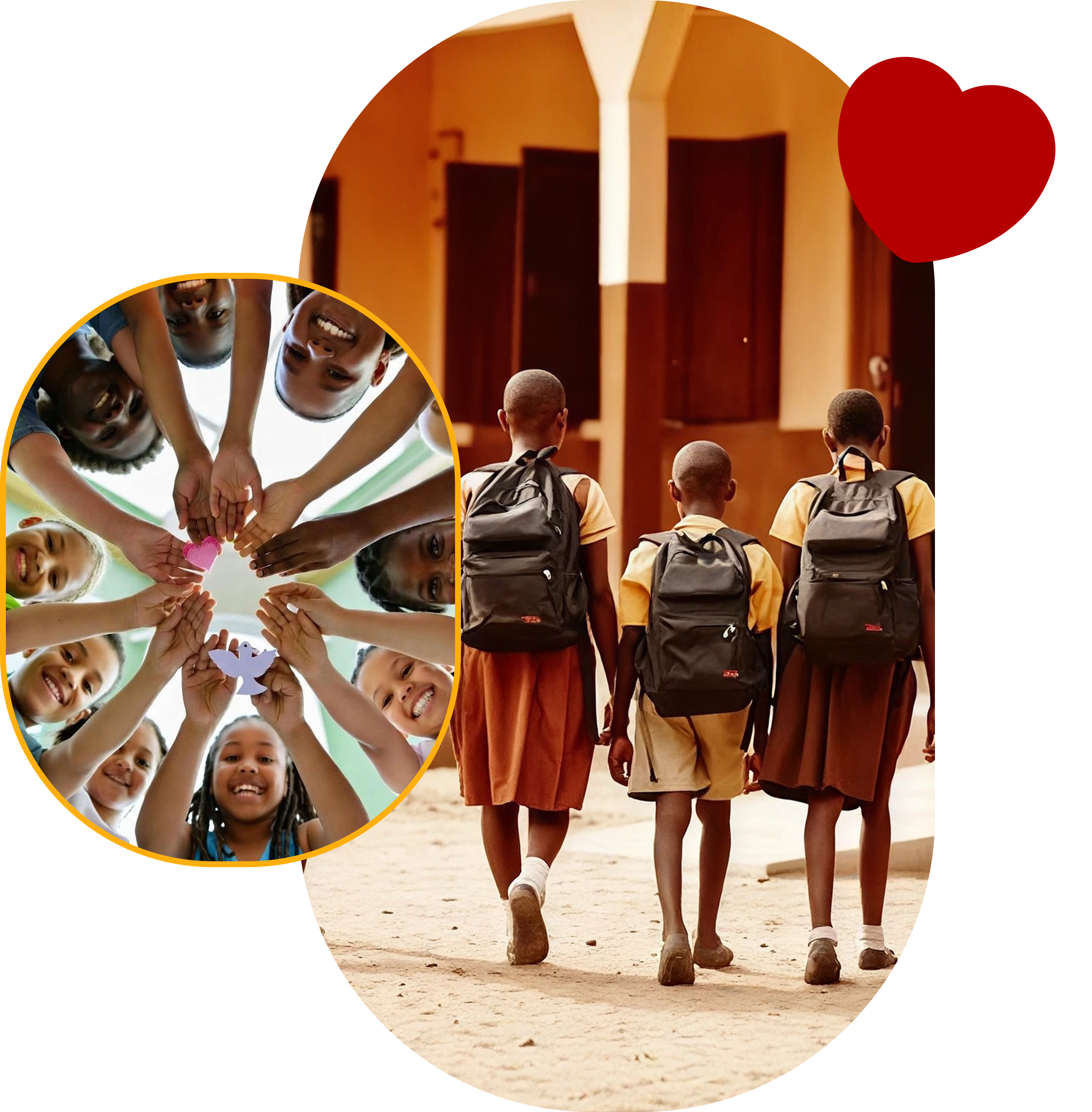 Children in Nigeria smiling together and walking to school with backpacks