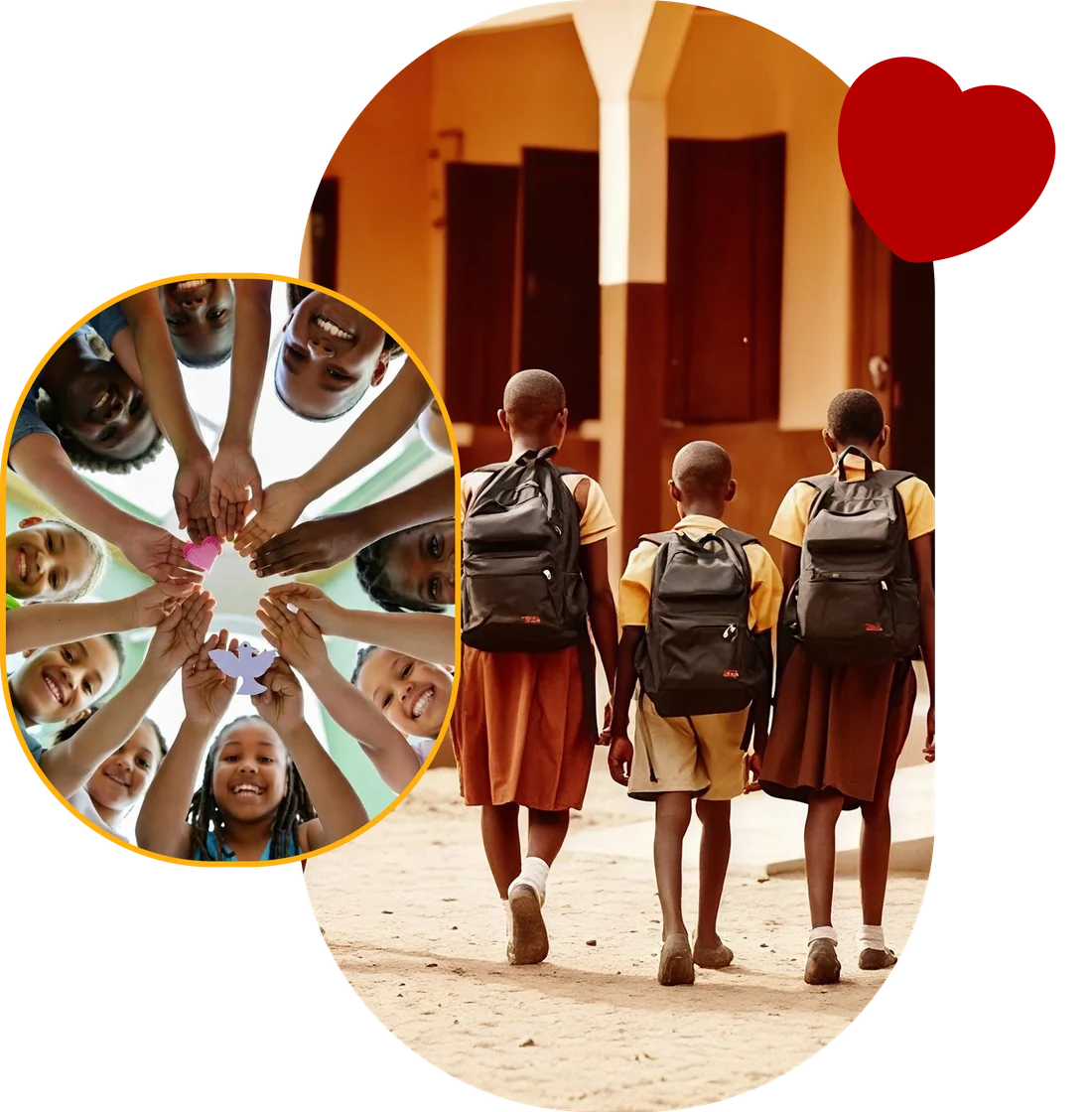 Children in Nigeria smiling together and walking to school with backpacks