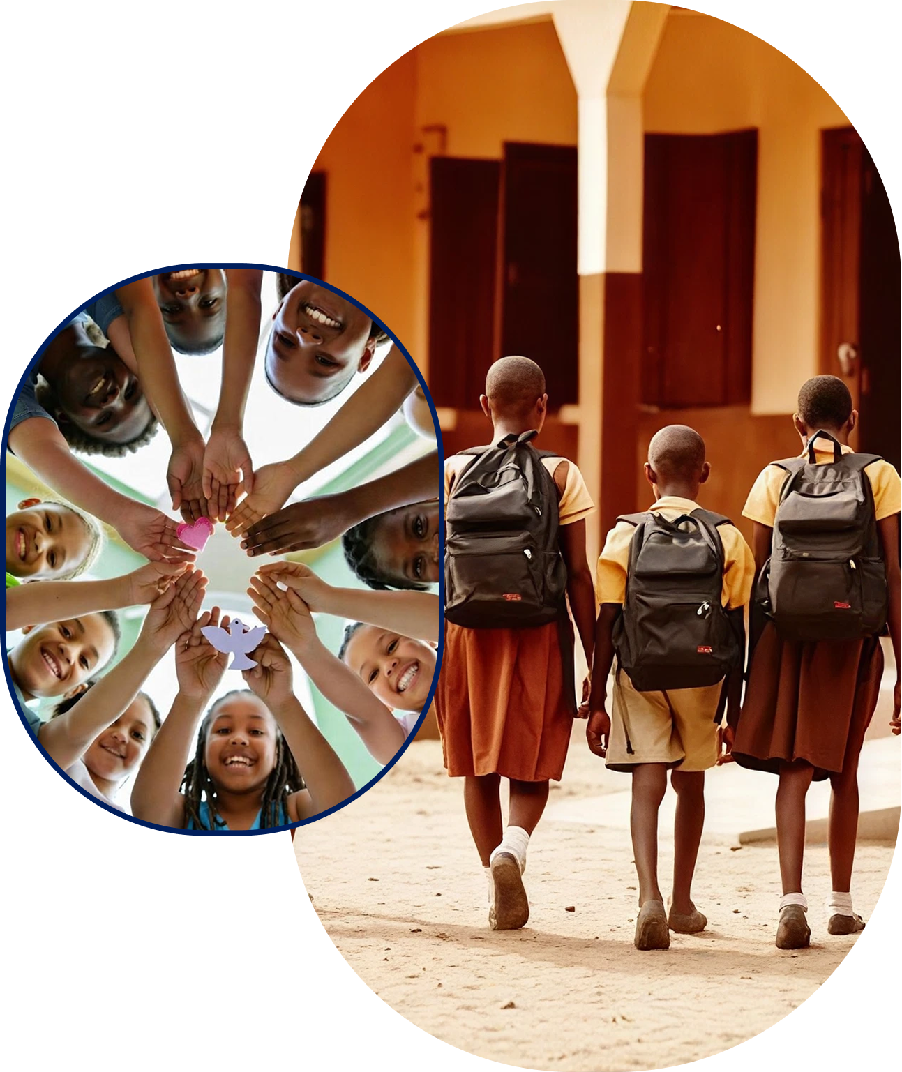 Children in Nigeria smiling together and walking to school with backpacks