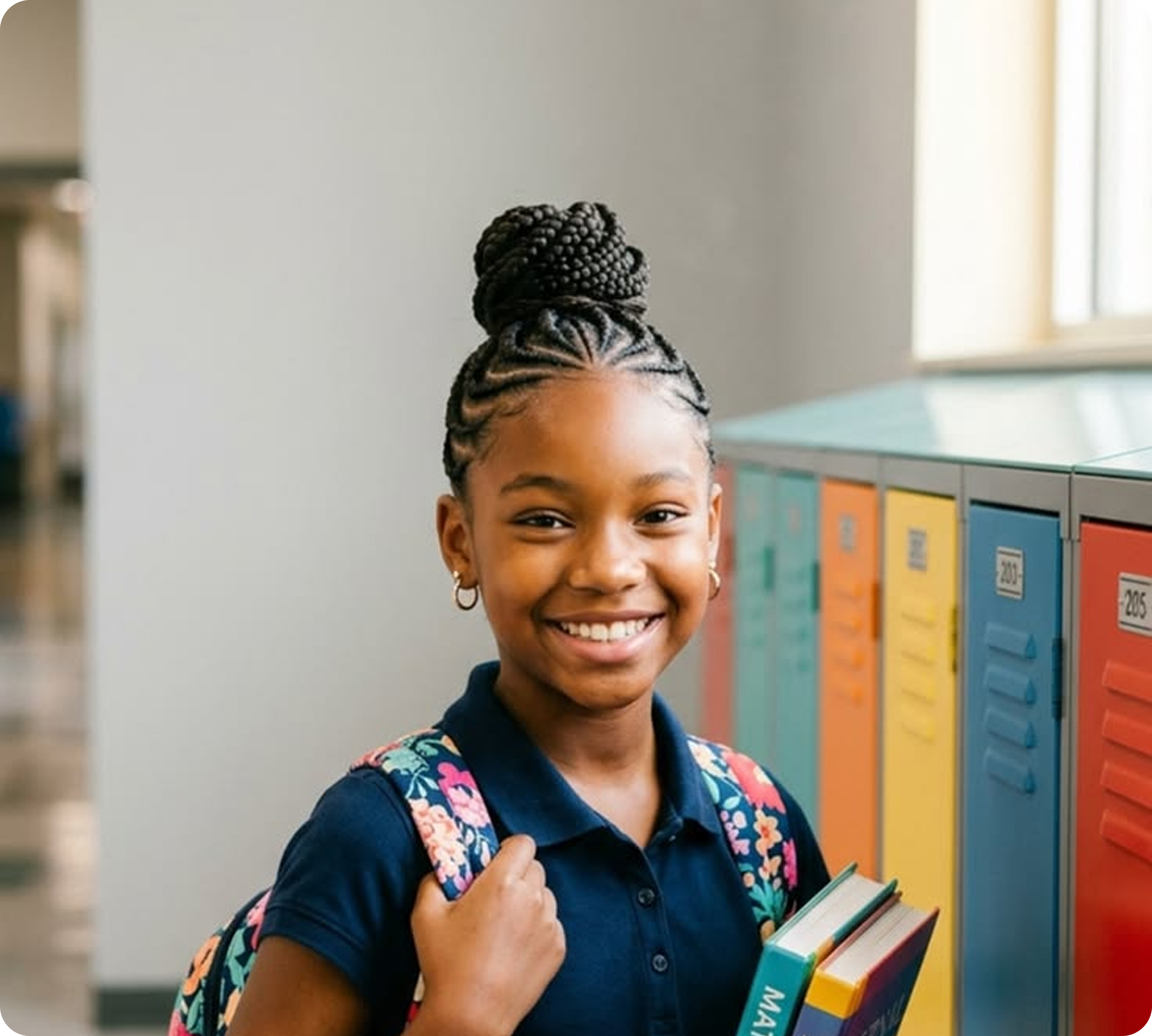 A smiling student in a school hallway carrying her books